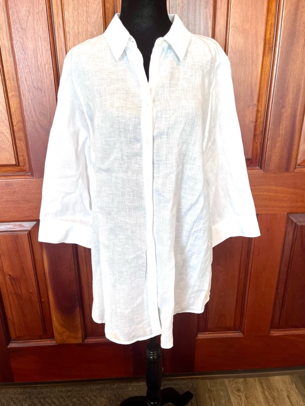Chicos No Iron 100% Linen Shirt Optic White 3/4 Sleeve Button Front Size 2 12/14